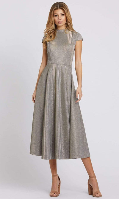 Ieena Duggal - 26151 Tea Length Metallic Glitter A-Line Dress Cocktail Dresses 0 / Silver