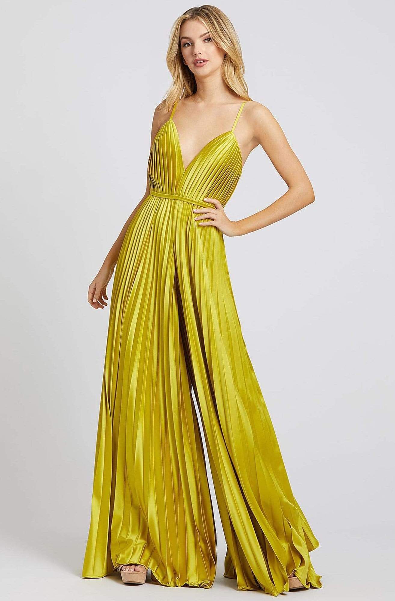 Ieena Duggal - 26319I Sweetheart Bodice Pleated Flare Jumpsuit Evening Dresses 0 / Chartruese