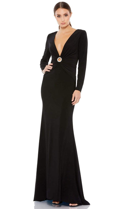 Ieena Duggal - 26514 Long Sleeve Fitted Gown With Plunging Neckline Evening Dresses 0 / Black