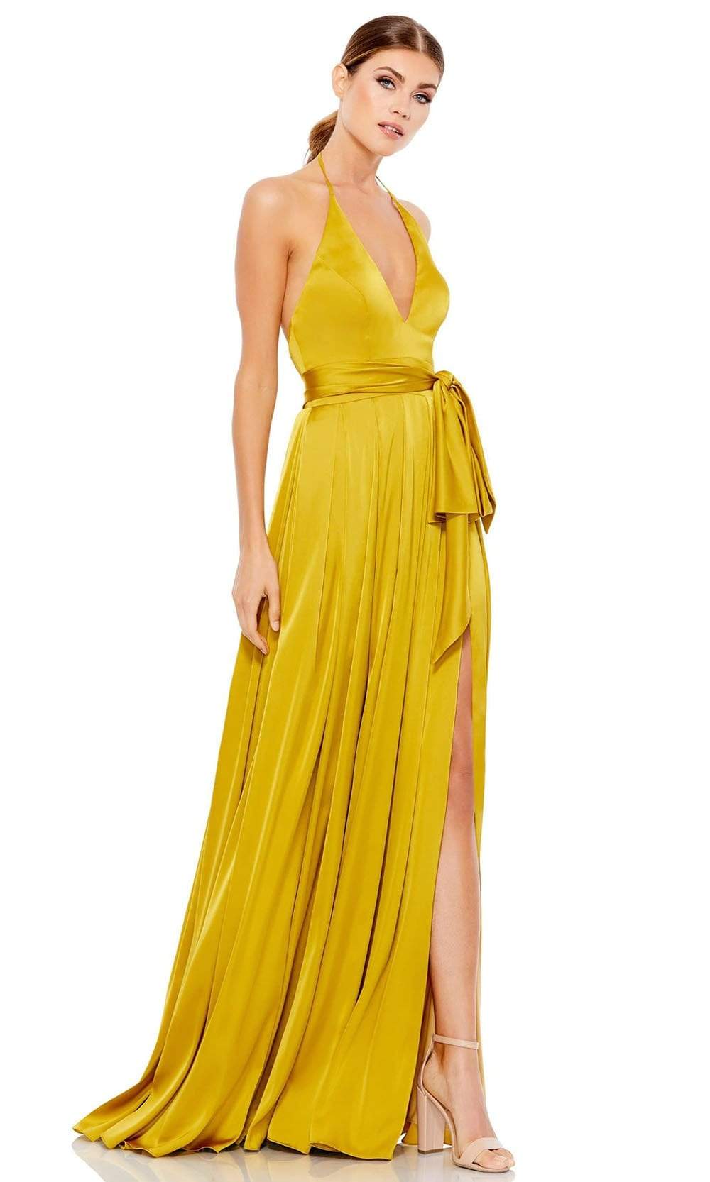 Ieena Duggal - 26531 Halter V-Neckline High Leg Slit A-Line Gown Evening Dresses 0 / Chartruese