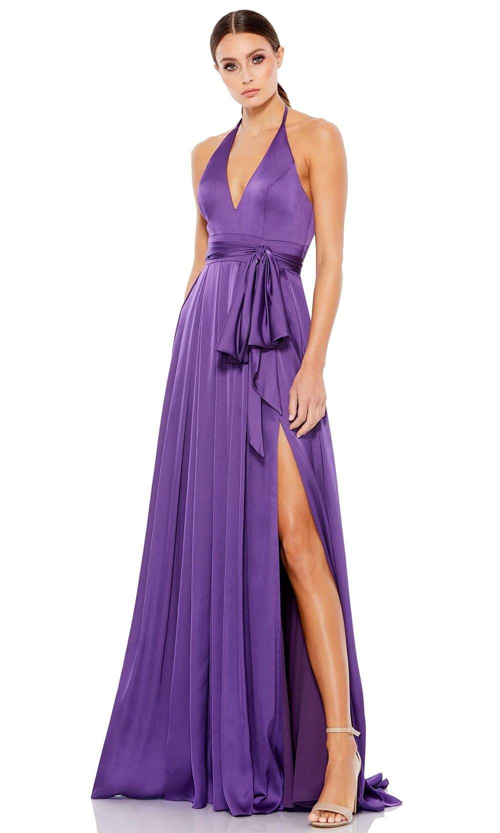 Ieena Duggal - 26531 Halter V-Neckline High Leg Slit A-Line Gown Evening Dresses 0 / Purple