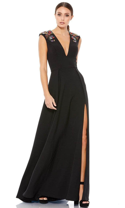 Ieena Duggal - 26540 V-Neck Beaded A-Line Gown Evening Dresses 0 / Black