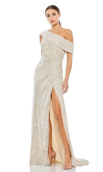 Ieena Duggal - 26550I Draped One Shoulder Sequin Gown Evening Dresses 0 / Nude