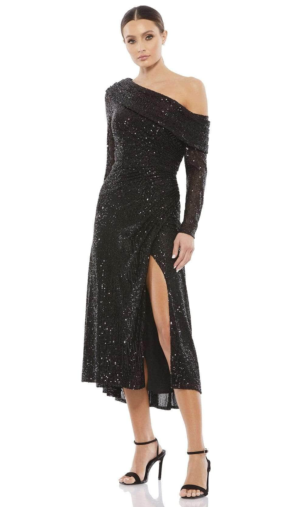 Ieena Duggal - 26551I Draped Long Sleeve Sequined Dress Cocktail Dresses 0 / Black