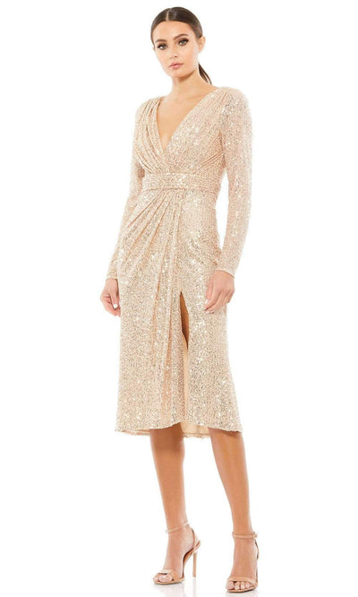 Ieena Duggal - 26555I Knee Length Long Sleeve Sequin Dress Cocktail Dresses 0 / Rose Gold