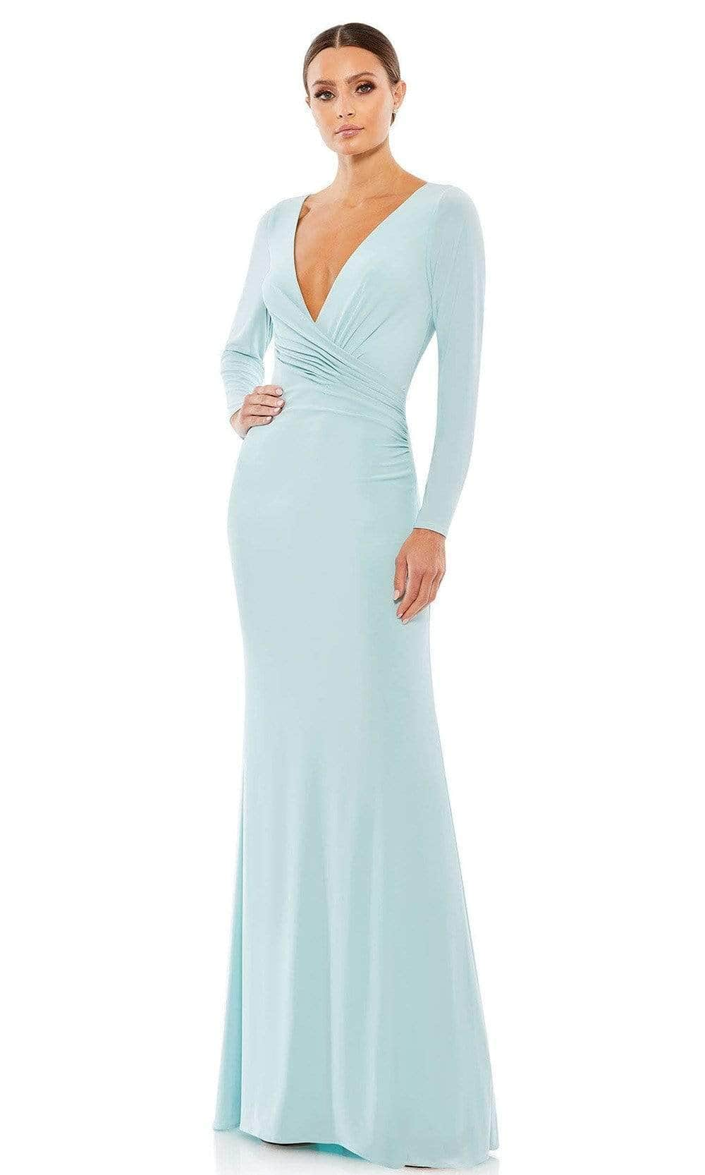 Ieena Duggal - 26573 V-Neck Sheath Gown Evening Dresses 0 / Powder Blue