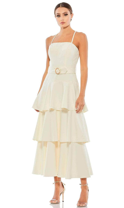 Ieena Duggal 26629 - Spaghetti Straps Tiered Tea-Length Dress Special Occasion Dress 0 / White