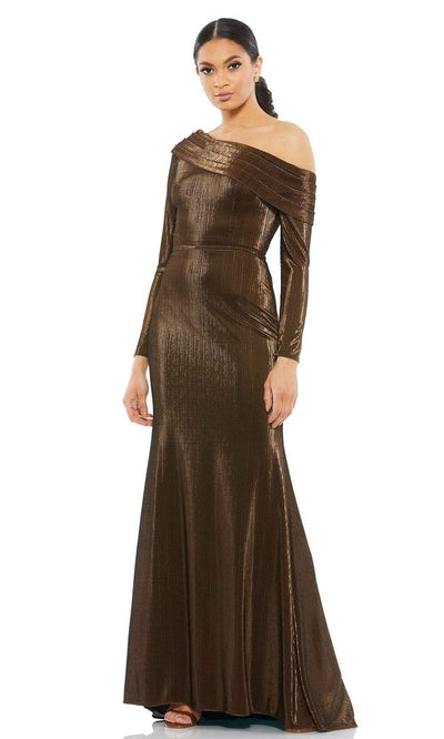 Ieena Duggal - 26660 Asymmetric Pleated Formal Gown Special Occasion Dress 0 / Chocolate