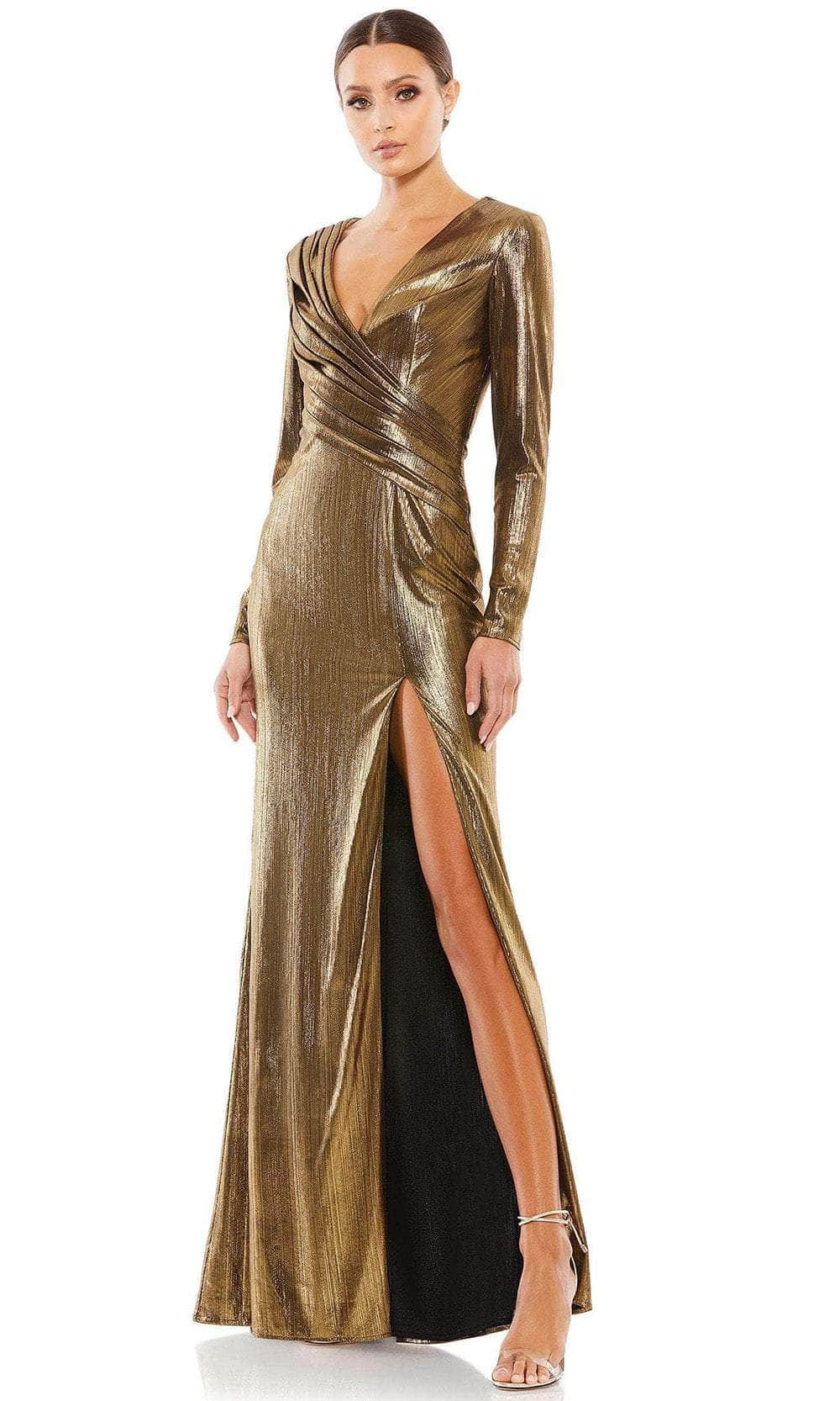 Ieena Duggal 26684 - Deep V-Neck Metallic Evening Gown Special Occasion Dress 0 / Gold