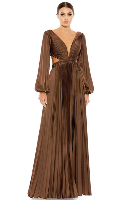 Ieena Duggal 26737 - Long Sleeve V-Neck A-Line Gown Prom Dresses 0 / Espresso