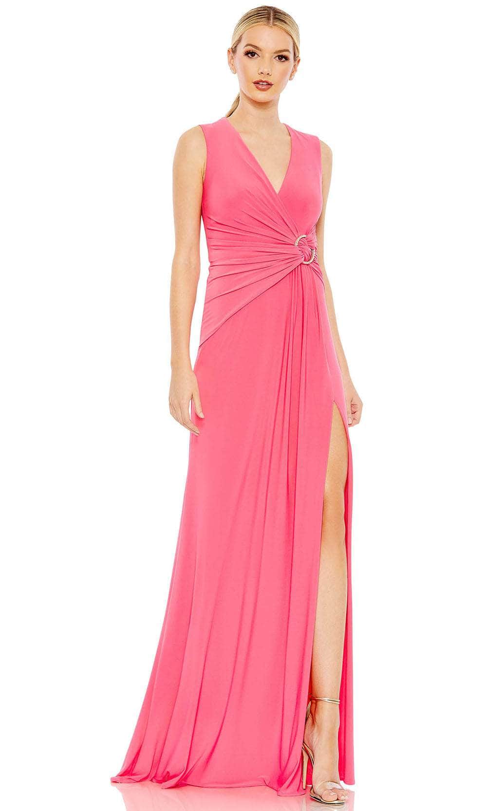 Ieena Duggal 26890 - V-Neck Knotted Waist Evening Dress Evening Dresses 0 / Hot Pink