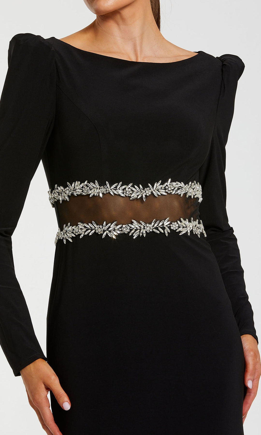 Ieena Duggal 44159 - Long Sleeve Crystal Accent Evening Gown