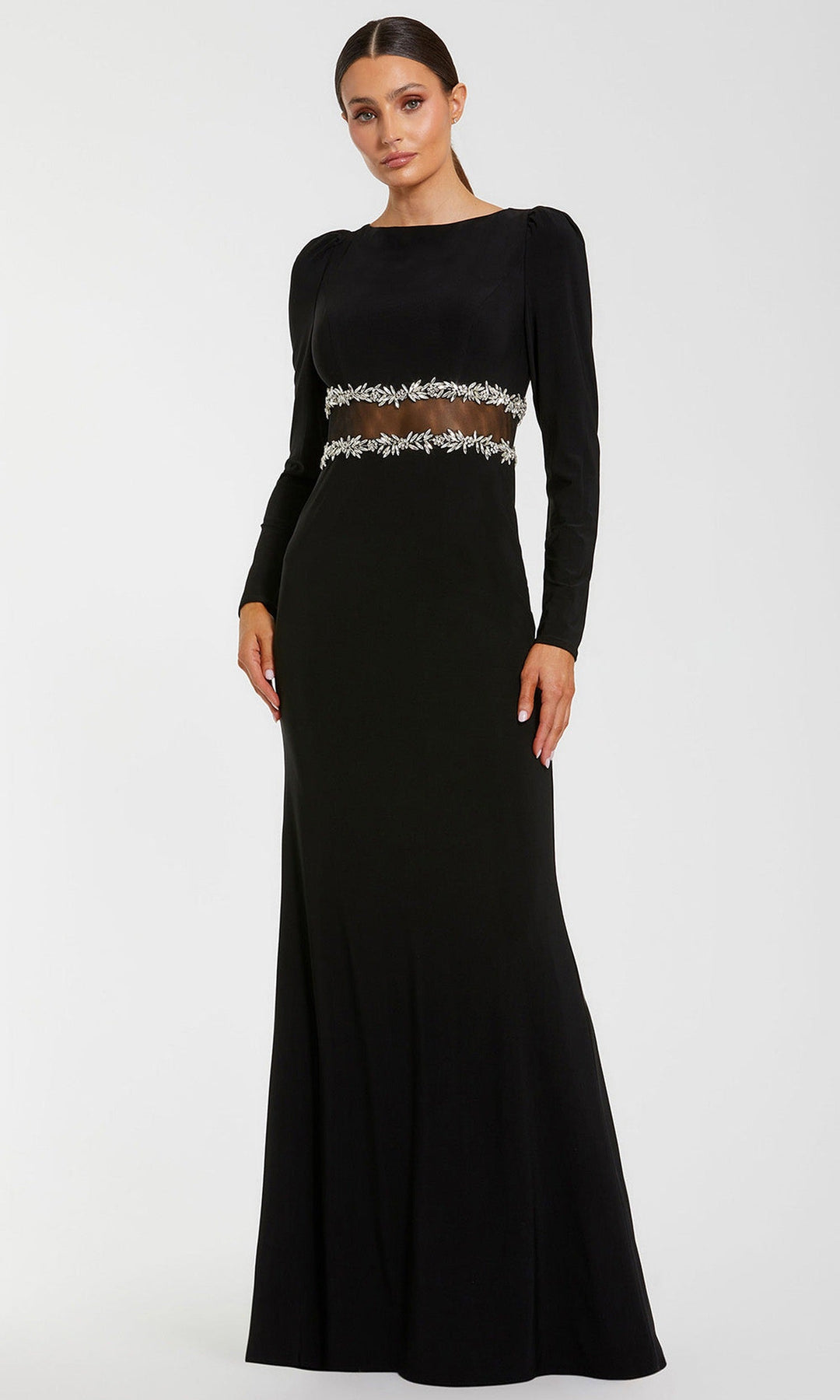 Ieena Duggal 44159 - Long Sleeve Crystal Accent Evening Gown