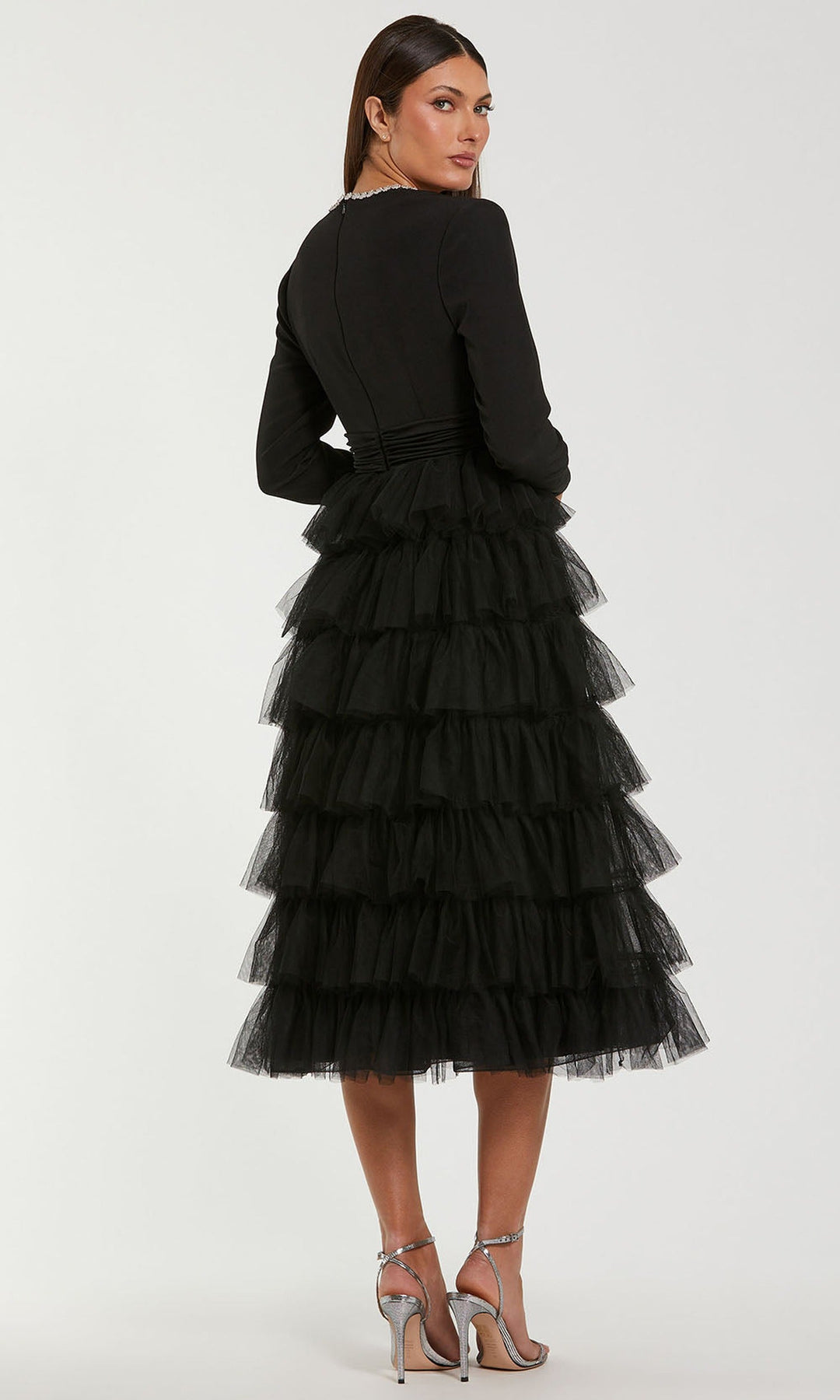 Ieena Duggal 44159 - Long Sleeve Crystal Accent Evening Gown