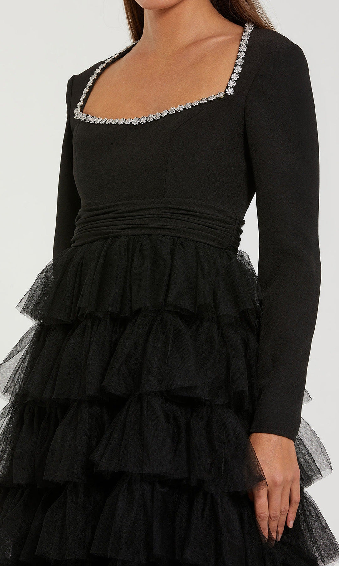 Ieena Duggal 44159 - Long Sleeve Crystal Accent Evening Gown
