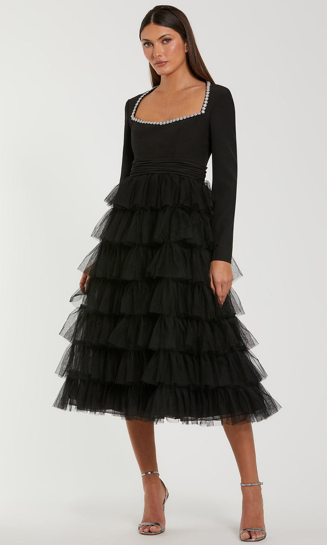 Ieena Duggal 44159 - Long Sleeve Crystal Accent Evening Gown