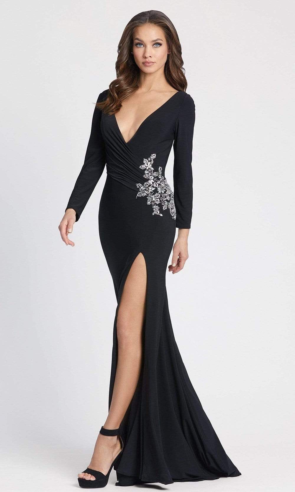 Ieena Duggal - 41016 Long Sleeve Beaded High Slit Dress Evening Dresses 0 / Black