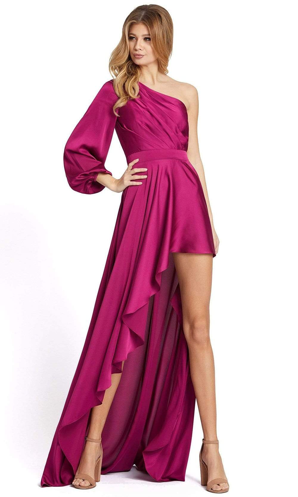 Ieena Duggal - 49141 Asymmetric Bishop Sleeve Long Dress Prom Dresses 0 / Berry