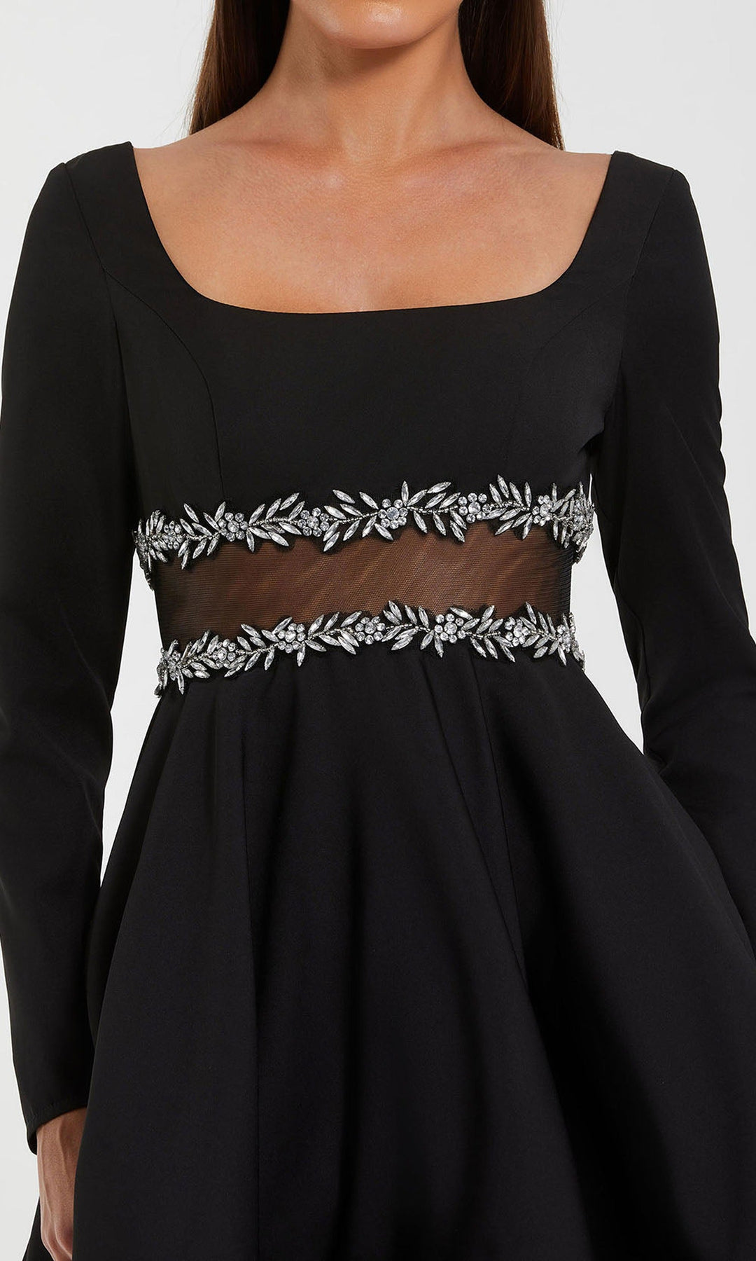 Ieena Duggal 44159 - Long Sleeve Crystal Accent Evening Gown