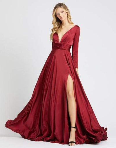 Ieena Duggal - 55245I Long Sleeve Plunging V-Neck High Slit Gown Special Occasion Dress 0 / Wine