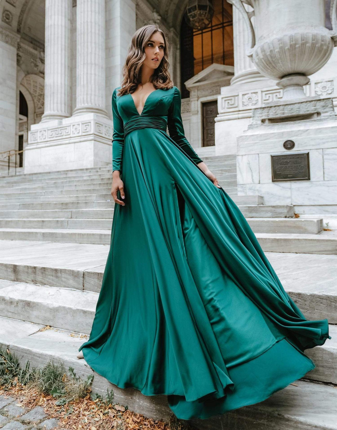 Ieena Duggal - 55245I Long Sleeve Plunging V-Neck High Slit Gown Special Occasion Dress