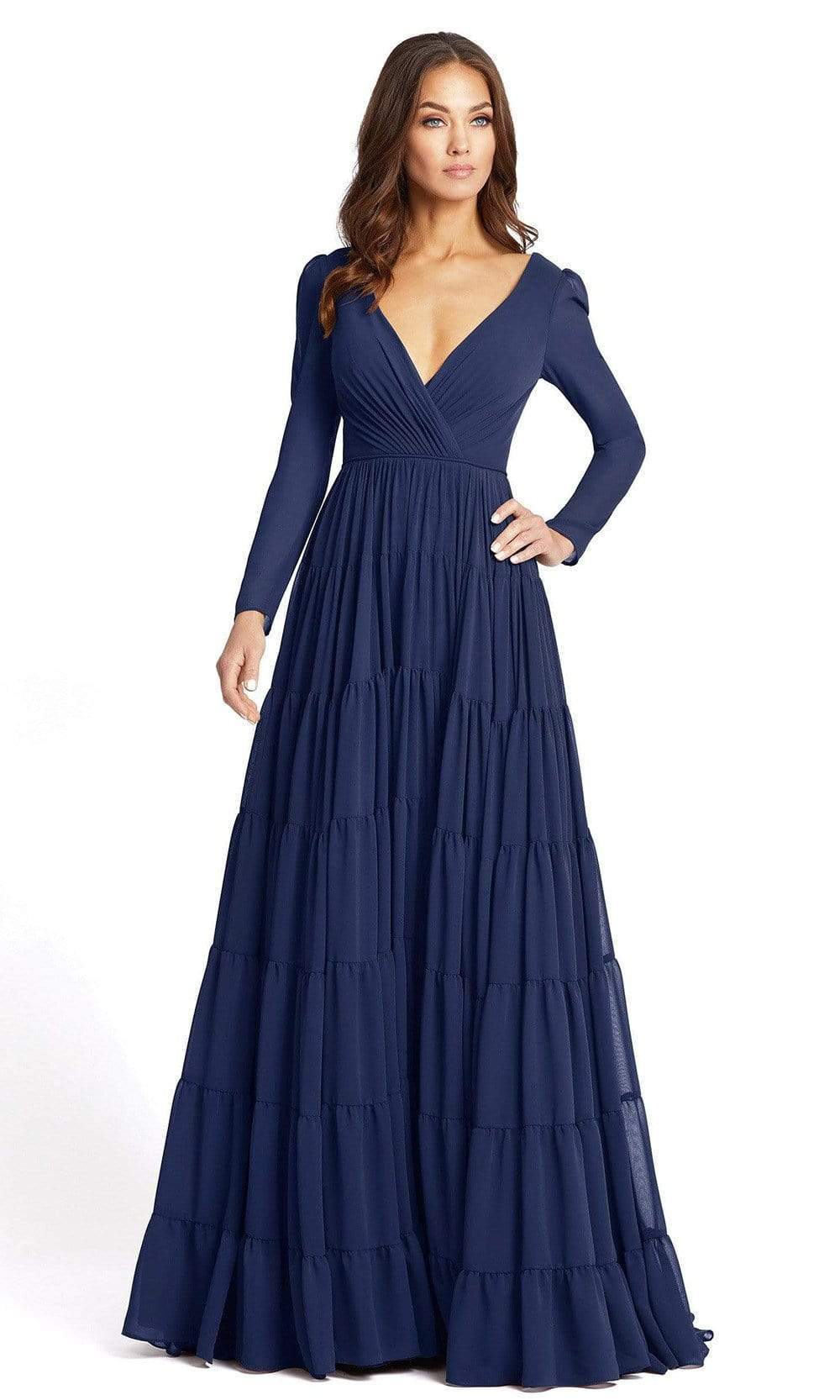 Ieena Duggal - 55311 Long Sleeve Ruched A-Line Dress Evening Dresses 0 / Midnight Blue