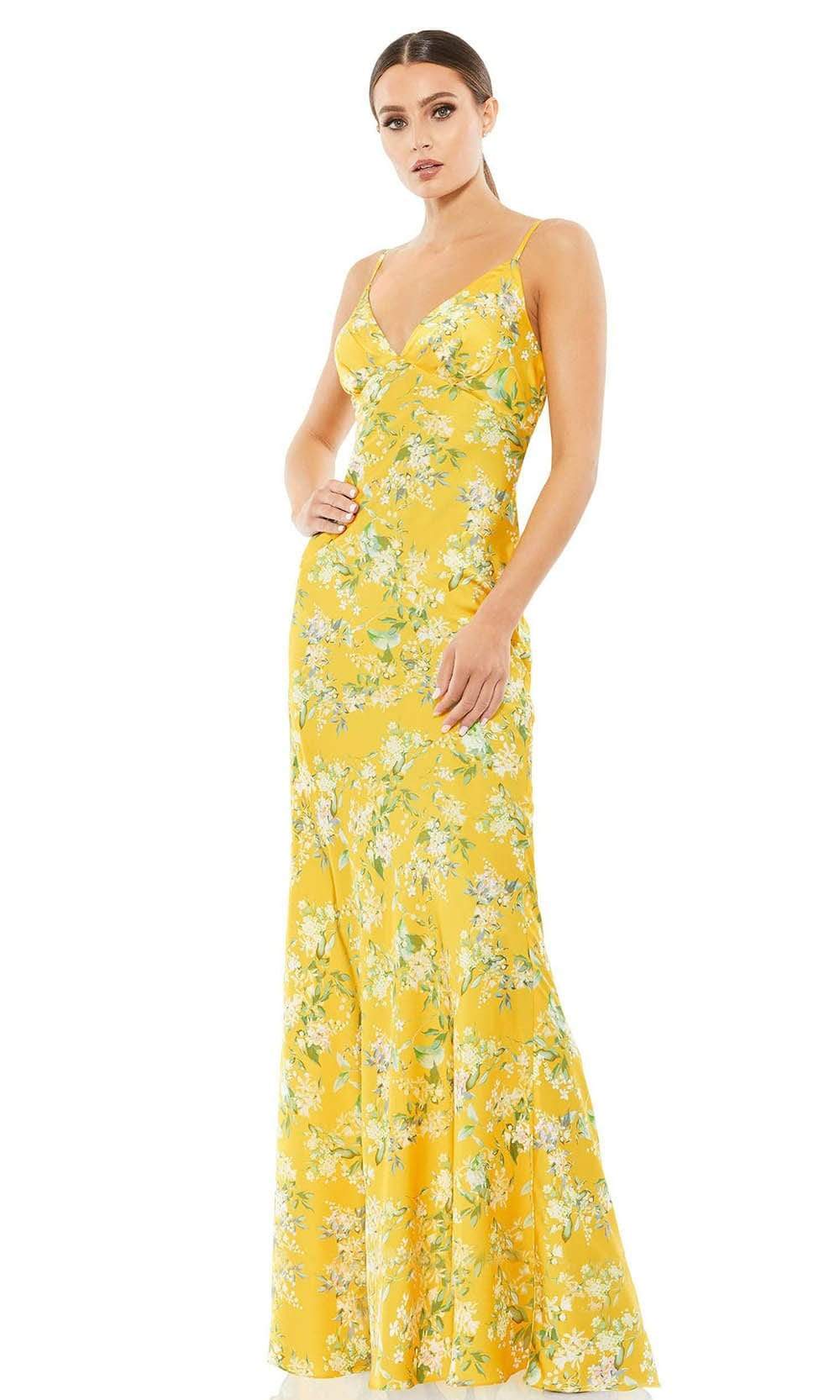 Ieena Duggal - 55396I Floral Printed V Neck Fresh Dress Evening Dresses 0 / Yellow