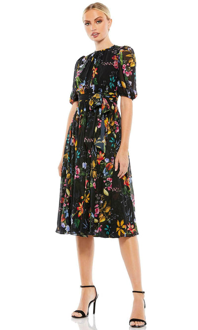 Ieena Duggal 55625 - Short Bishop Sleeved Midi Dress Cocktail Dresses 0 / Black Multi