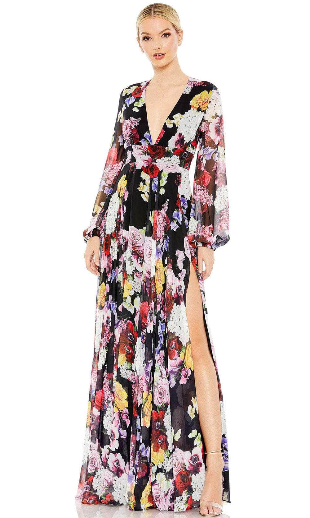 Ieena Duggal 55660 - Long Sleeve Floral Print Evening Gown Special Occasion Dress 0 / Black Multi
