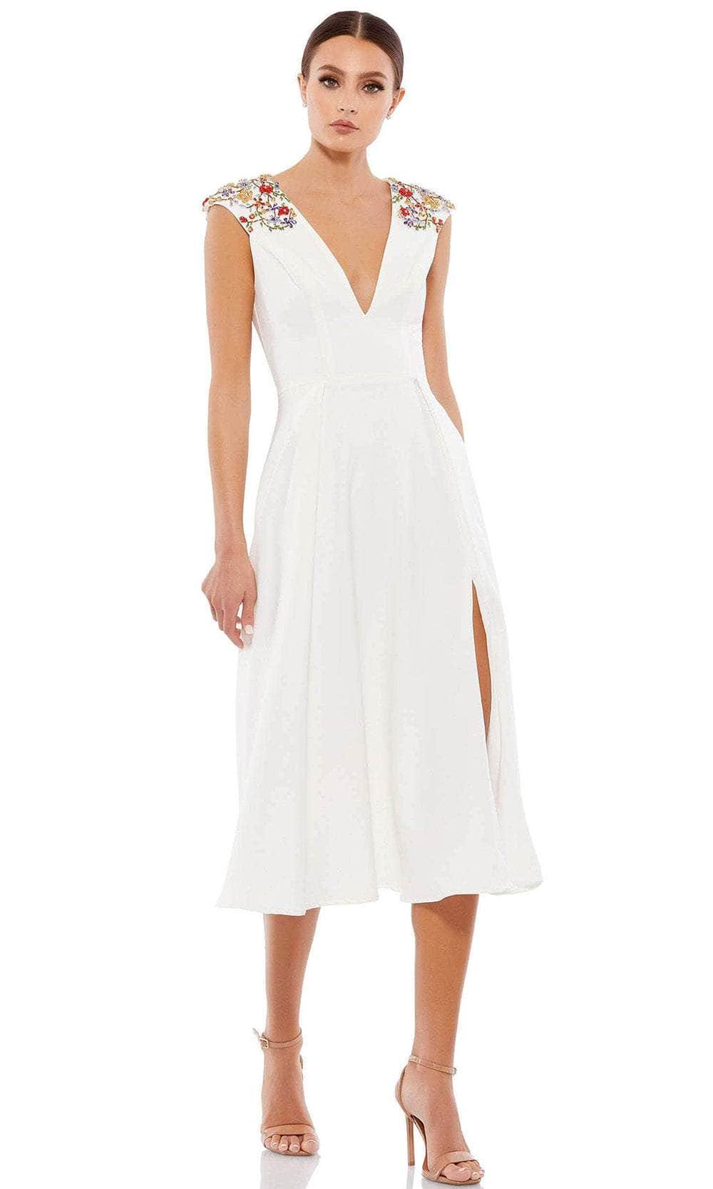 Ieena Duggal 55690 - Cap Sleeved Plunging V Neck Dress Special Occasion Dress 0 / White Multi