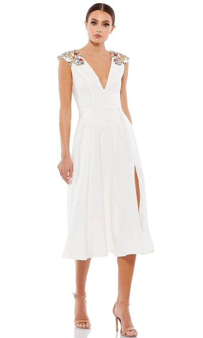 Ieena Duggal 55690 - Cap Sleeved Plunging V Neck Dress Special Occasion Dress 0 / White Multi