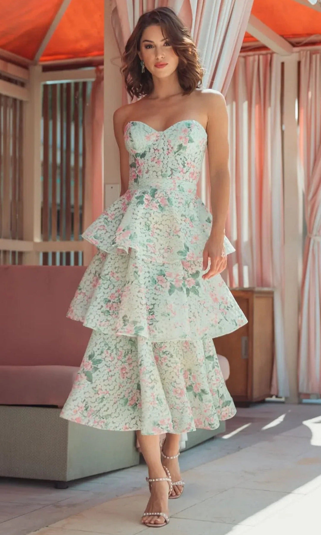 Ieena Duggal 56389 - Tiered Floral Midi Strapless Dress