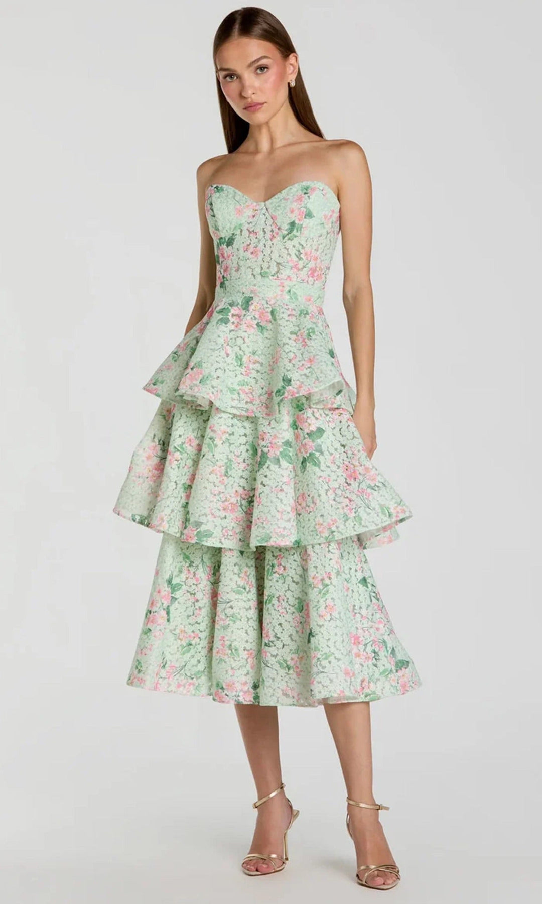Ieena Duggal 56389 - Tiered Floral Midi Strapless Dress