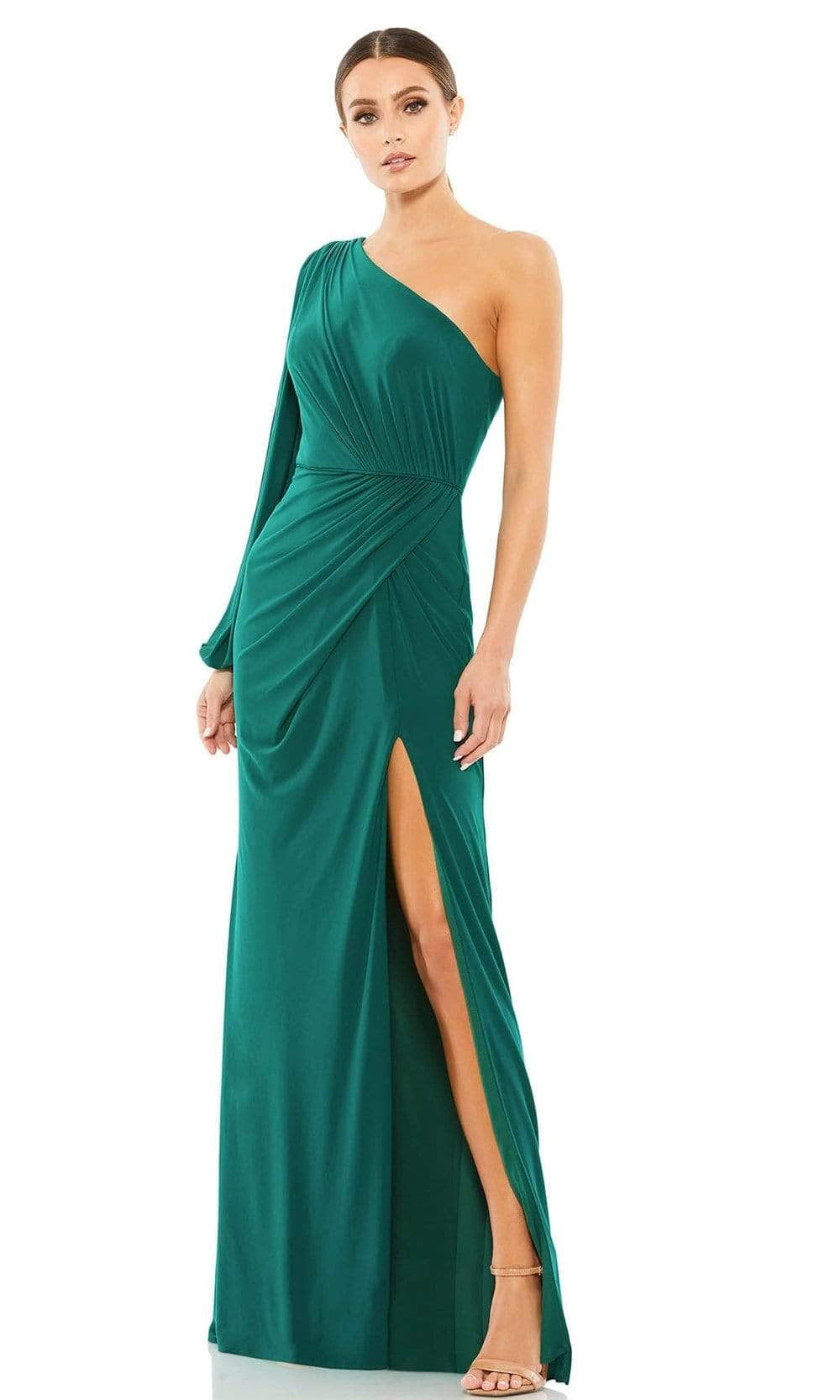 Ieena Duggal - 67879I One Shoulder High Slit Gown Evening Dresses 0 / Emerald Green