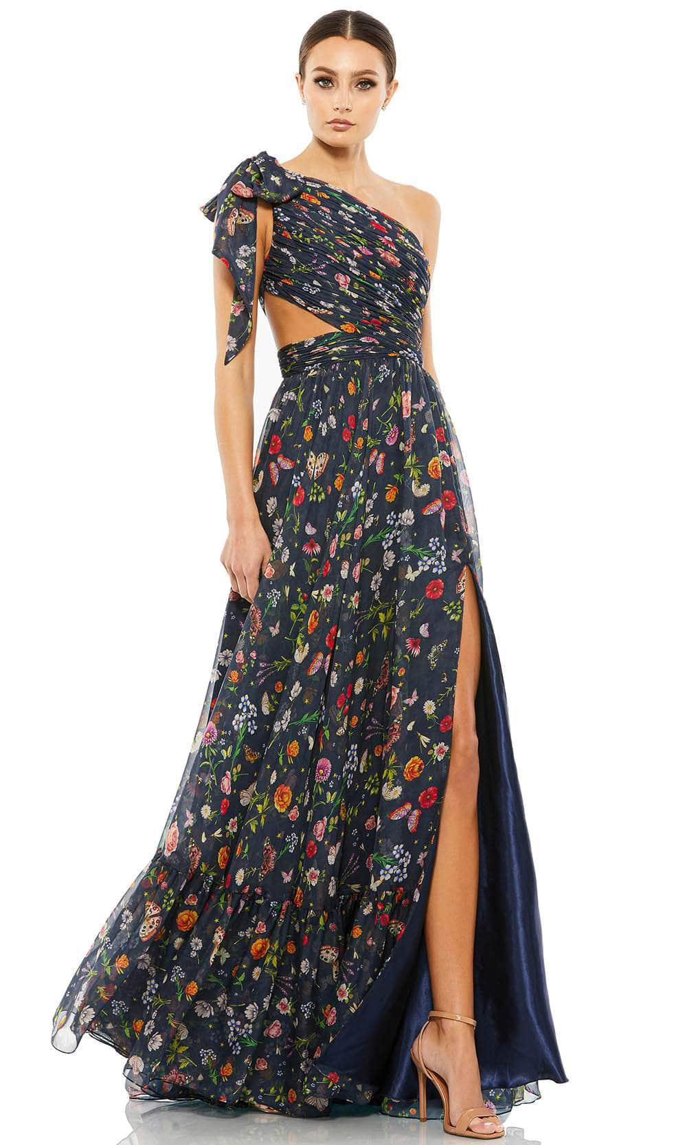 Ieena Duggal 67938 - Asymmetrical Bow Appliqué Prom Dress Special Occasion Dress 0 / Navy/Multi