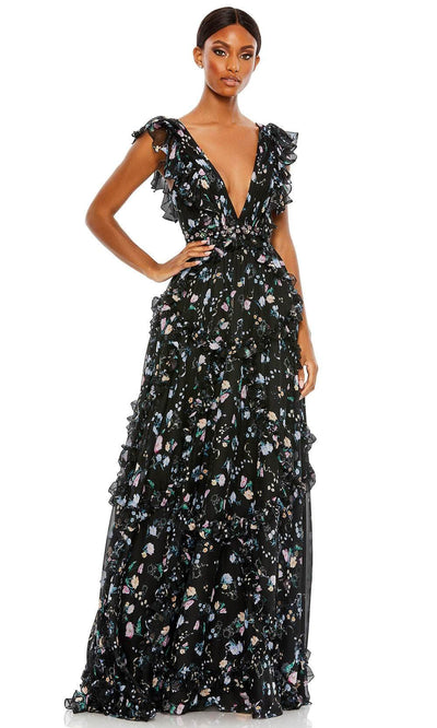 Ieena Duggal 68090 - Plunging V-Neck Floral Evening Gown Prom Dresses 0 / Black Multi