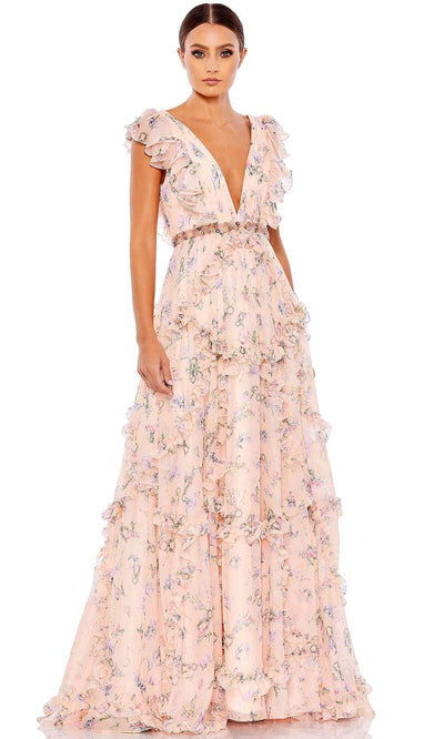 Ieena Duggal 68090 - Plunging V-Neck Floral Evening Gown Prom Dresses 0 / Pink Multi