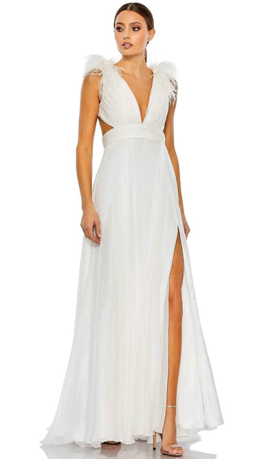 Ieena Duggal 68113 - Ostrich Detail Plunging V-Neck Evening Dress Prom Dresses 0 / White