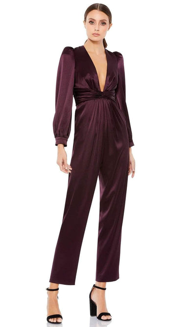 Ieena Duggal - A2647 V Neck Long Sleeve Jumpsuit Prom Dresses 0 / Plum