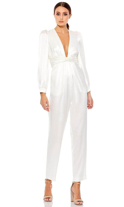 Ieena Duggal - A2647 V Neck Long Sleeve Jumpsuit Prom Dresses 0 / White