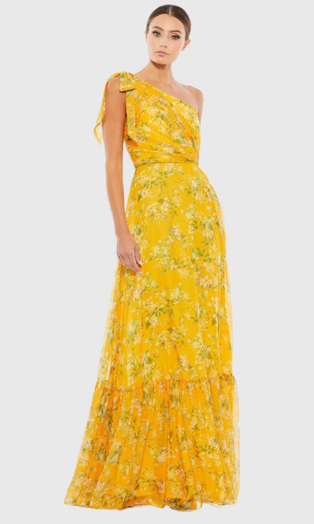 Ieena Duggal A55427 - Bow Detailed Strap Asymmetric Maxi Dress Bridesmaid Dresses 0 / Yellow Multi