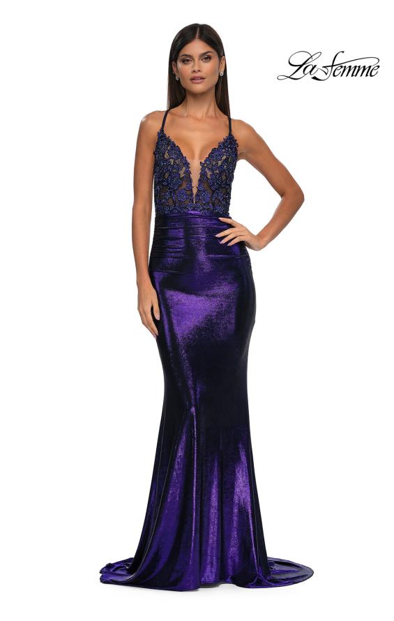 La Femme 33059 - Applique Metallic Jersey Prom Gown