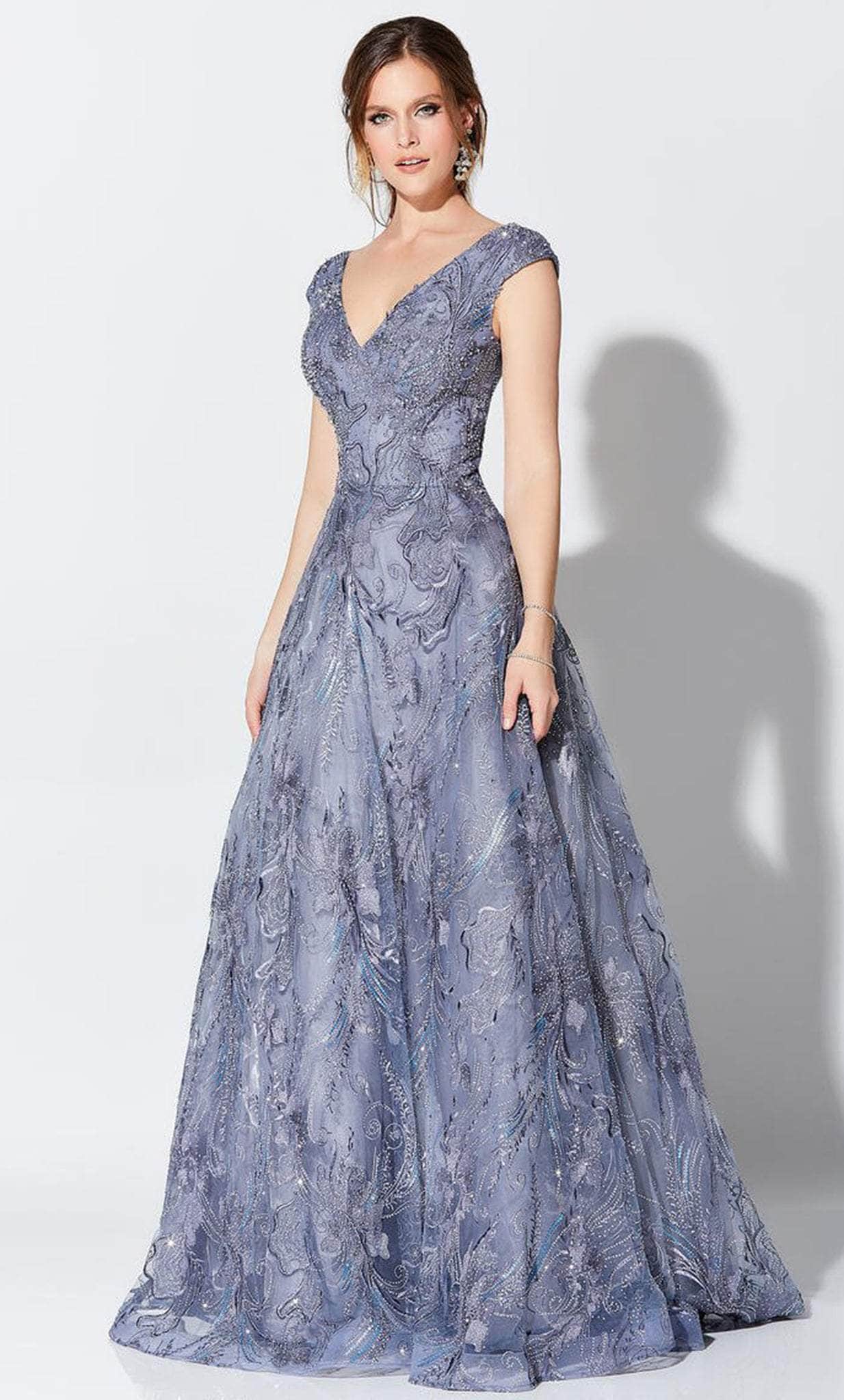 Ivonne D 119D50W - V Neck Beaded A-line Gown Prom Dresses 16W / Delphinium