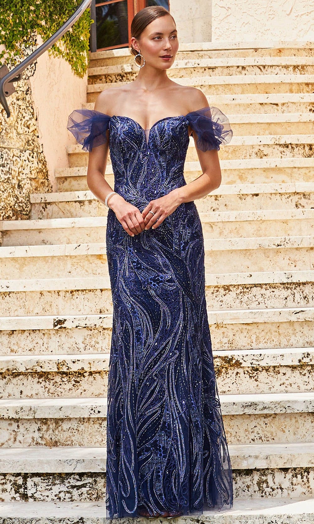 off shoulder beaded dress ANDREA AND LEO A1182 SILVER SIREN BEAD GOWN WITH OVERSKIRT SILVER / 6