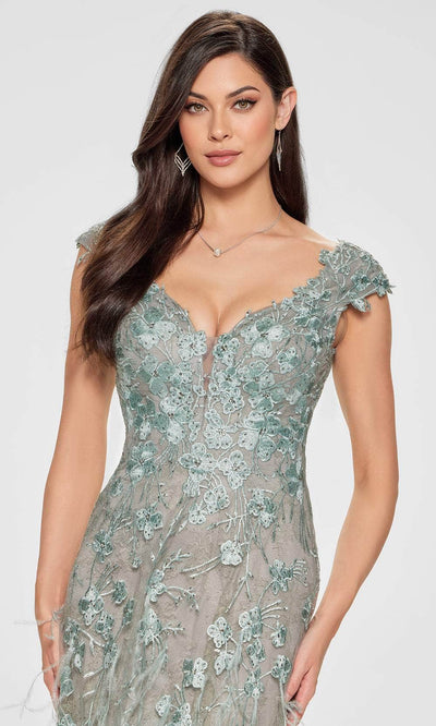 Ivonne D ID807 - Cap Sleeve A-Line Gown with Feathers and Lace Special Occasion Dress