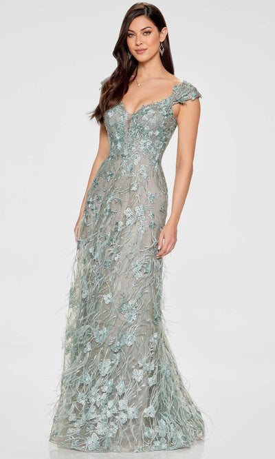 Ivonne D ID807 - Cap Sleeve A-Line Gown with Feathers and Lace Special Occasion Dress