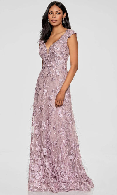 Ivonne D ID807 - Cap Sleeve A-Line Gown with Feathers and Lace Special Occasion Dress
