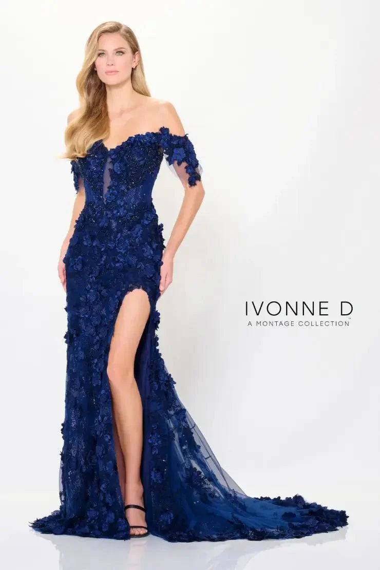 Ivonne D ID915 - 3D Floral Appliqued Formal Gown Prom Dresses 4 / Blue Willow