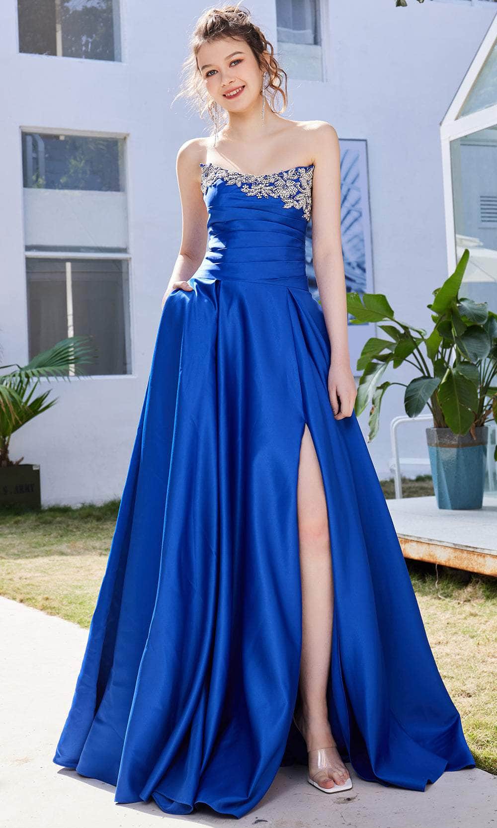 J'Adore Dresses J21028 - Strapless Straight Across Neck Long Dress Special Occasion Dress 2 / Royal