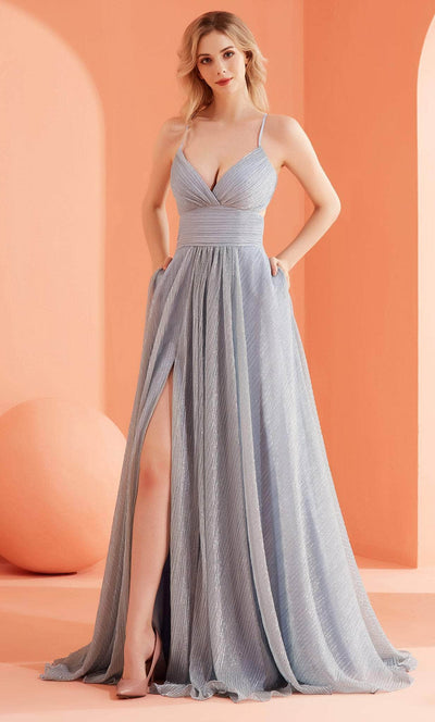 J'Adore Dresses J22004 - Metallic V-Neck Evening Gown Special Occasion Dress 2 / Blue